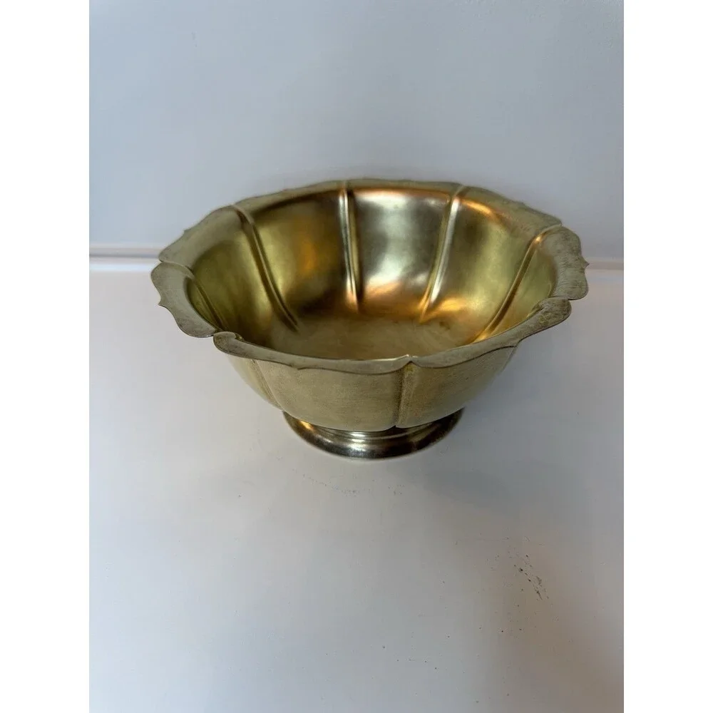 Vintage Brass Pedestal Bowl Scalloped Edge Footed Decorative Dish Chinoiserie